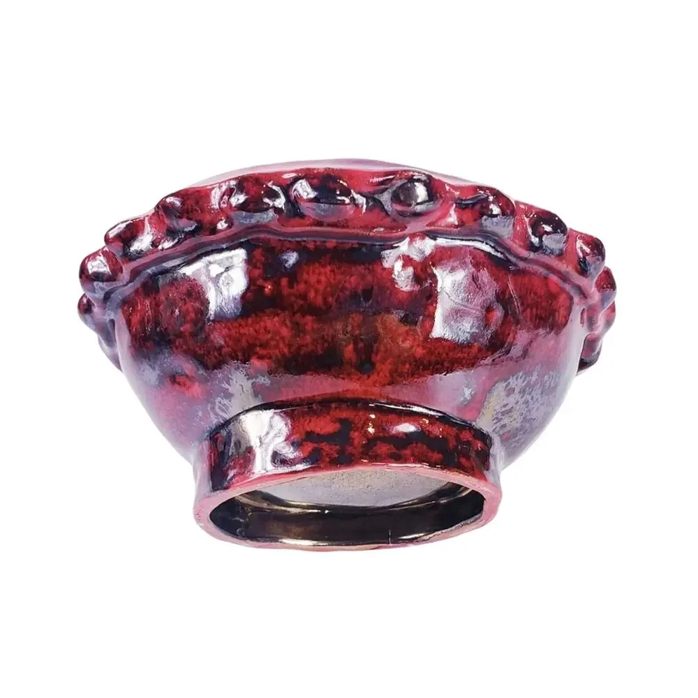 Studio Pottery Trinket Bowl Red Gunmetal Glaze Notched Rim Decor